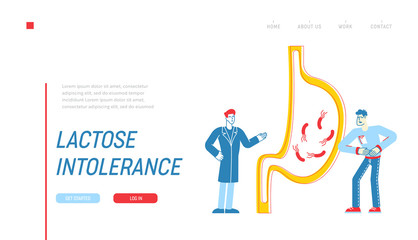 Gastroenterology, Health and Healthcare Landing Page Template. Male Doctor Character and Man Patient Touching Painful Stomach Suffering from Stomachache Helicobacter. Linear People Vector Illustration