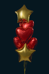 group of 6 air foil balloons, in form of stars and hearts, red and gold colors
