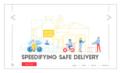 Safe Food Delivery Landing Page Template. Courier Characters Wearing Mask Delivering Grocery Order to Home of Customers During Coronavirus Pandemic Use Transport. Linear People Vector Illustration