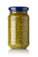 basil pesto sauce in glass jar