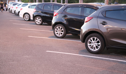 Closeup of rear, back side of black car with  other cars parking in outdoor parking area in twilight evening. 