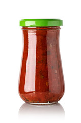Tomato sauce jar on white background