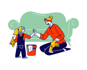 Mother and Little Daughter Characters Household Activities. Young Woman and Girl Giving High Five, Cleaning Home and Wiping Dust Together. Weekend Chores and Duties. Linear People Vector Illustration