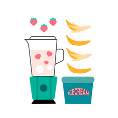 vector image of a blender full of milkshake, with bananas, strawberries and a container of ice cream