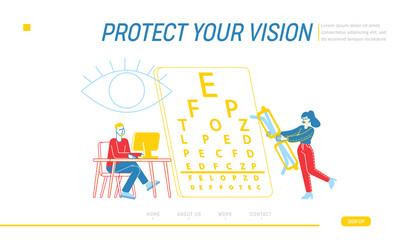Myopia and Eyes Disease Landing Page Template. Male Character Sit at Desk Work on Computer in Office, Woman Carry Huge Eyeglasses at Vision Check Up Board, Nearsightedness. Linear Vector Illustration