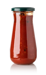 Tomato sauce jar on white background