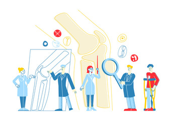 Orthopedics Medical Concilium, Healthcare Concept. Doctor Traumatologist Character. Look at X-ray Picture with Joint Disease Discuss Patient Treatment with Colleague. Linear People Vector Illustration