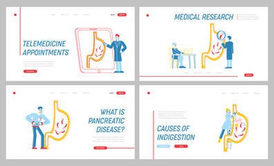 Stomach Abdominal Pain Landing Page Template Set. Gastrointestinal Indigestion Symptom, Helicobacter, Diarrhea, Constipation Disease, Illness Medicine Characters. Linear People Vector Illustration