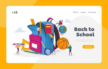 Back to School, Education Landing Page Template. Tiny Characters Put in Huge Backpack Educational Tools, Stationery Ball, Globe and Book for Different Disciplines. Cartoon People Vector Illustration