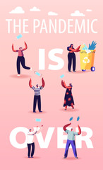 End Quarantine, Pandemic of Coronavirus Covid-19 Lockdown and Stay Home Time Concept. Characters Throw Out Masks. Happiness Feeling Emotions Poster Banner Flyer. Cartoon People Vector Illustration