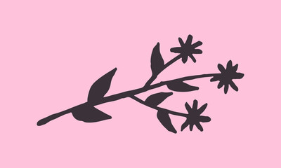 Hand drawn vector illustration of wildflowers. Doodle floral element. Spring and summer symbol. Contour otline drawing of simple black twig