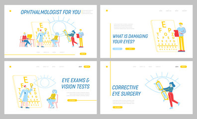 Professional Optician Exam Landing Page Template Set. Vision Treatment, . Ophthalmologist Doctor Character Check Eyesight for Eyeglasses. Oculist Checkup Eye Sight. Linear People Vector Illustration