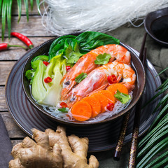 Asian bee hoon, bihun soup with shrimp, prawn, rice noodles