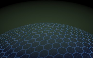 Fototapeta premium Multilayer sphere of honeycombs, blue on a black background, social network, computer network, technology, global network. 3D illustration
