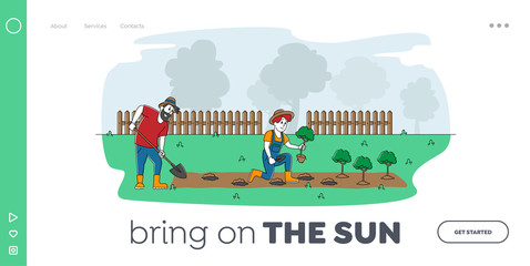 Fototapeta premium Active Outdoors Hobby Landing Page Template. Couple of Cottager Characters Working in Garden. Man Digging Soil, Woman Planting Sprout to Ground and Care of Trees. Linear People Vector Illustration