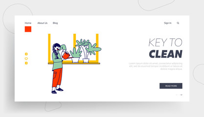 Girl Character Care of Domestic Flower in Pot Landing Page Template. Child Helper Watering Home Plant in Flowerpot on Windowsill from Watering Can. Gardening at Home, Chore. Linear Vector Illustration