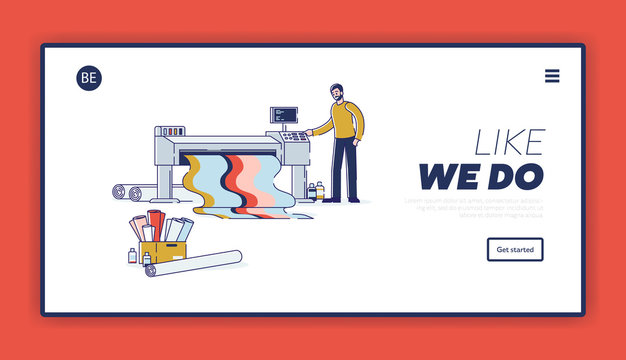Typography landing page template with designer printing on wide screen laser printer
