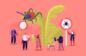 Encephalitis Mite, Tick Bite Protection Concept. Characters Search Dangerous Insect. Mite Hid on Plant Leaf, People Spraying Insect Repellent on Skin and Dog Outdoor. Cartoon Vector Illustration