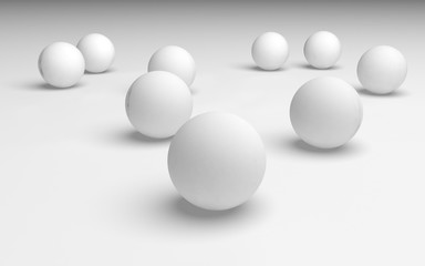 White abstract background. Set of white balls isolated on white backdrop. 3D illustration