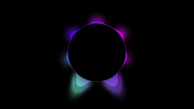 Graphic colourfull circular loop of rythmic audio frequency sound wave on black background. Audio spectrum animation effect