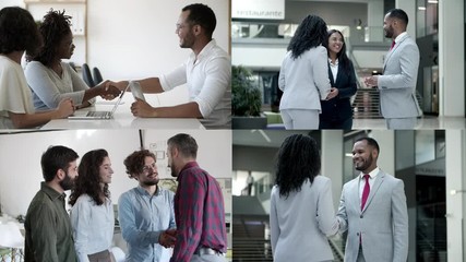 Positive diverse business partners greeting each other with handshake when meeting in office. Mosaic series, multiscreen montage, collage portraits. Collaboration concept - Powered by Adobe
