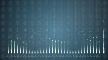 HUD graph with rising up nd falling down candle bars diagram over digital blue background.