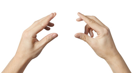 Hands holding something small, isolated on white background