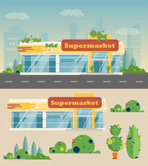 Supermarket building, shrubs and trees in flat style