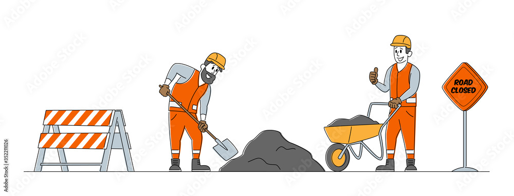 Poster builders characters digging soil with shovel and remove on wheelbarrow. workers using spade for remo