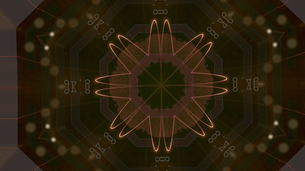 Abstract golden pattern actively generating new impulses from source of power and then giving shockwave effect isolated on black background,