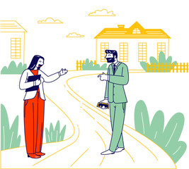 Businessman and Woman Real Estate Broker Agree House Tour Stand at Cottage Buildings at Countryside Area. Male Character with Smartphone in Hand Prepare to Buy House. Linear People Vector Illustration