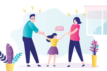 Fototapeta premium Toxic parents. Angry family quarreling and shares child. Cartoon parents quarrel and daughter confused