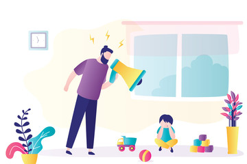 Child abuse. Parent abusing kid, father shouts in loudspeaker to unhappy son. Cartoon angry man scolds at crying boy.