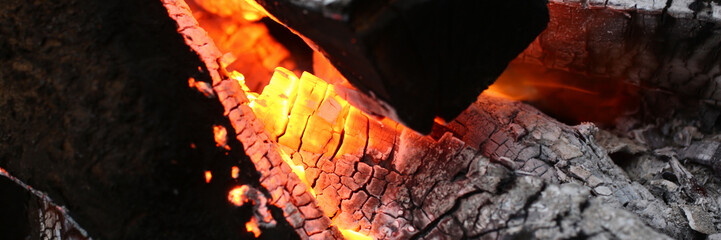 Warm light from flames in fireplace with wood.