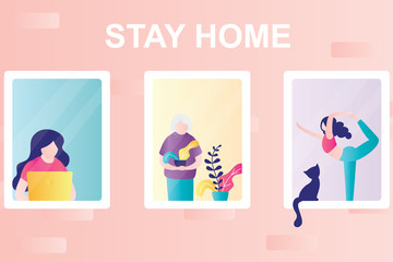 Stay home concept background. Part of building with windows. Various people in their apartments. Self-isolation or quarantine