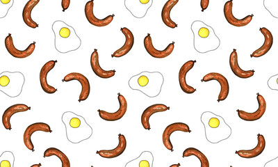 Hand drawn marker food illustration. Seamless pattern with fried egg and sausages on white background. Healthy breakfast in the morning. Egg white and round yellow yolk. Cooking concept