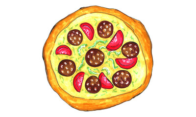 Hand drawn marker food illustration. Italian pizza isolated on white background. Popular junk food. Pizzeria delivery service