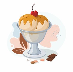 Ice cream dessert with caramel sauce and  cherry isolated on a white background.
