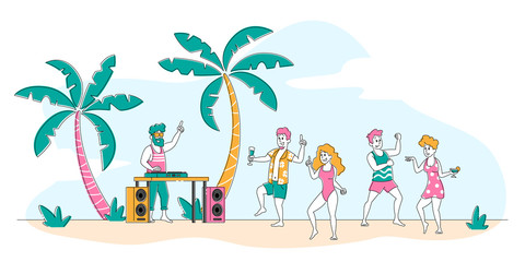 Obraz premium Tropical Beach Party with People Relaxing at Hot Summer Time. Young Men and Women Enjoying Dancing Activity at Sandy Seaside with Dj Playing Music. Young Characters Leisure. Linear Vector Illustration
