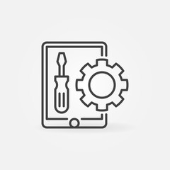 Tablet with Screwdriver and Gear outline vector concept icon or sign