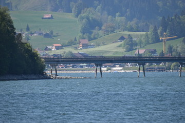 Fototapeta na wymiar Lange Autobrücke über den Sihlsee in der Schweiz 18.5.2020