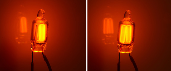 Split screen closeup of glow lamp on dark background, the left lamp is supplied with direct current. Only the negetive electrode emits light. To the right the lamp is supplid with alternating current.