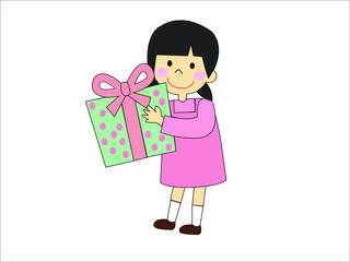 Vector illustration of a happy cartoon girl holding a gift on white background.
