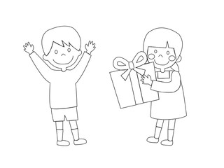 cartoon girl holding a gift on white background.