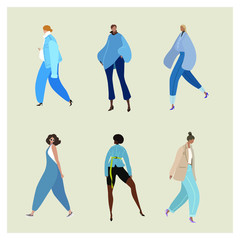 Vector set of fashion models illustration, dressed up girls standing in pose 