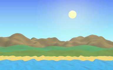 Sun Sea Beach. Noon. Ocean shore line with waves on a beach. Island beach paradise with waves. Vacation, summer, relaxation. Seascape, seashore. Minimalist landscape, primitivism. 3D illustration