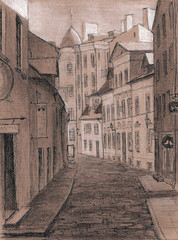 Old street in Tallinn center, graphic illustration