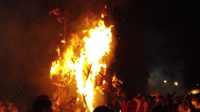 Sagicho festival in Japan, Float burning at night in slow motion
