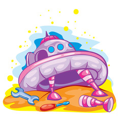 cartoon illustration, purple flying saucer landed on some planet and broke, isolated object on a white background, vector illustration,
