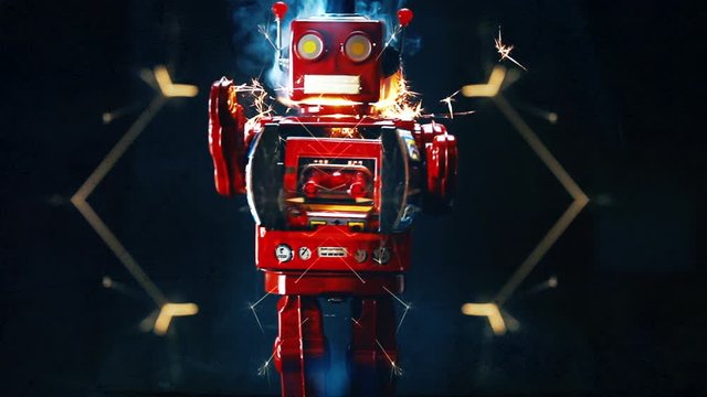 retro red robot marching and firing his ray gun 